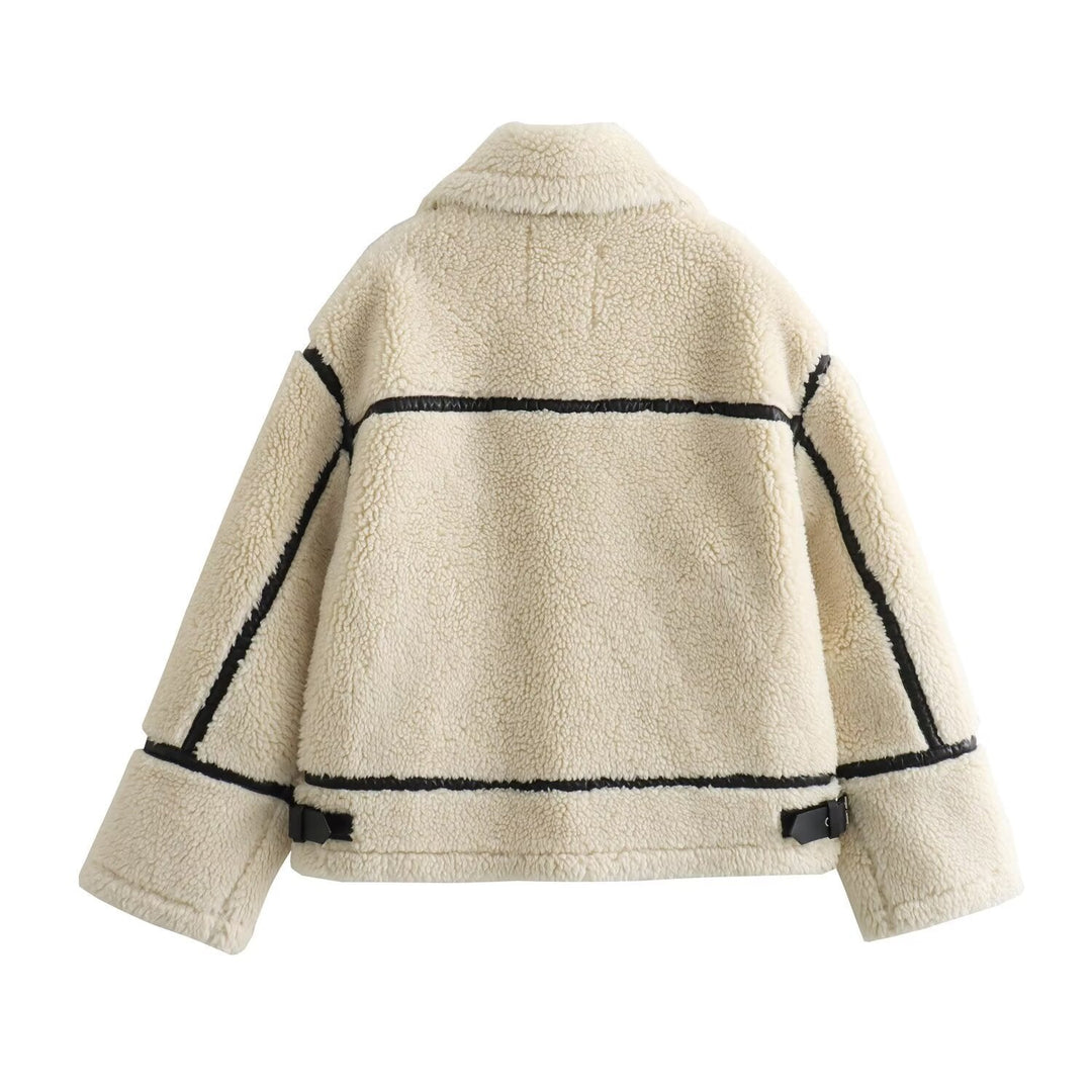 Dam oversize teddy jacka in Aviator stil med konstläder Piping, Stand krage och dragkedja