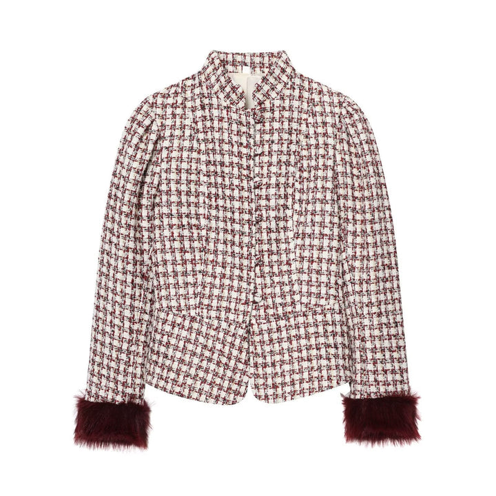 Dam kort jacka gjord boucle tweed med ståkrage och faux fur muddar