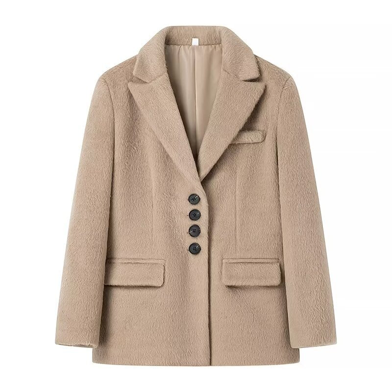 Dam figursydd kort kappa-blazer i teddy look med lapel krage och påsydda fickor