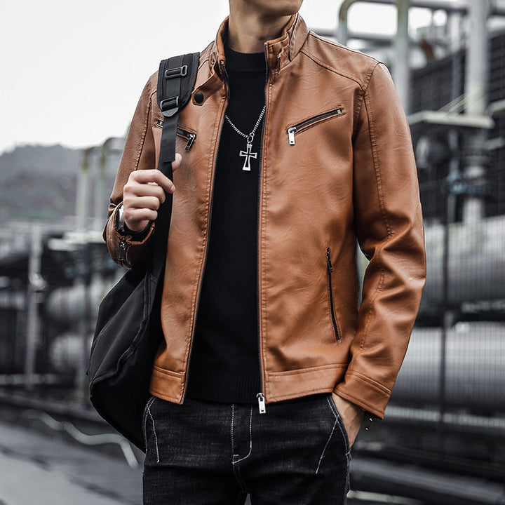 Herr Konstläder Moto Jacka i Aviator Stil med Stående Krage och Funktionell Dragkedjor