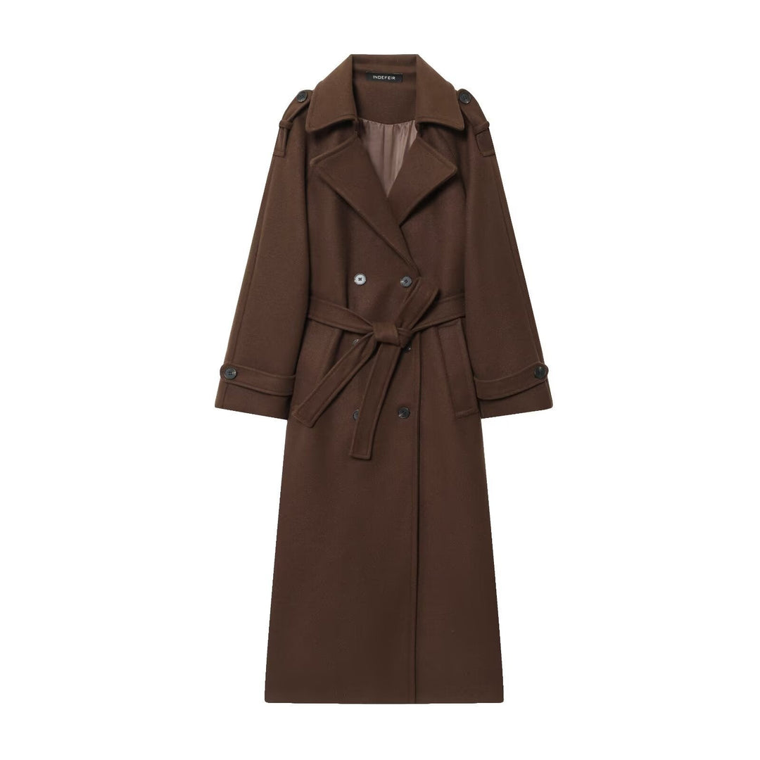 Dam Lång Dubbel-Breasted Trenchcoat med Bälte och Axel Straps
