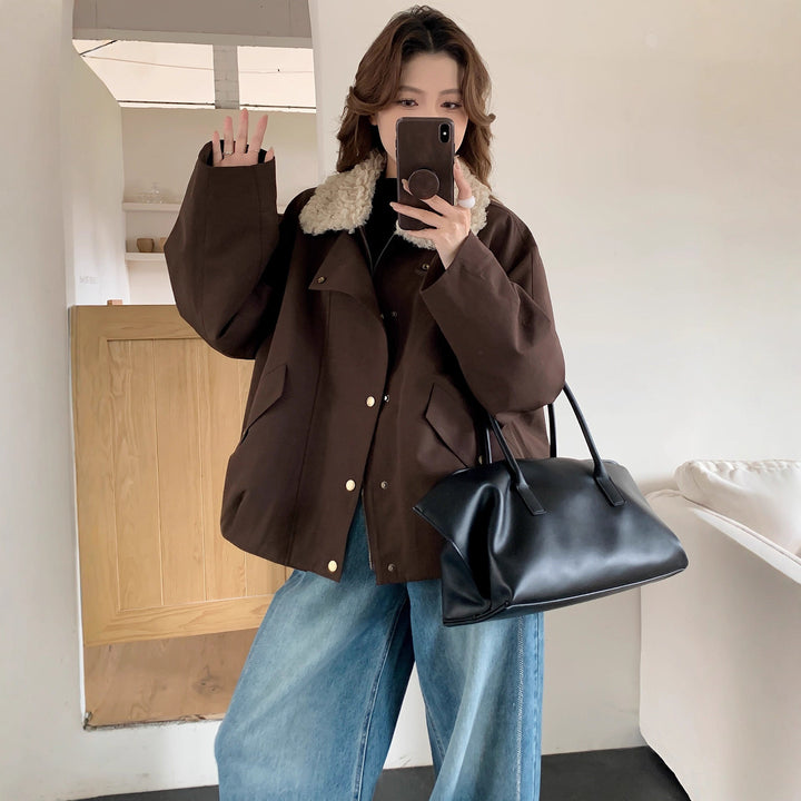 Dam oversize Utility jacka med hög teddy krage och Snap knappslå