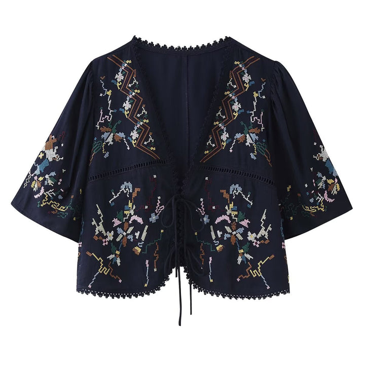Dam Embroidered Boho Kimono Jacka med Ties och Crochet Kant