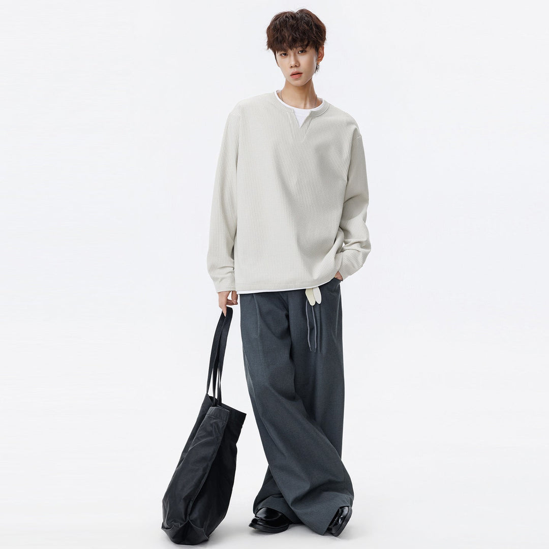 Herr Oversized Waffle Texture College-Tröja med V-ringad och Layered Look