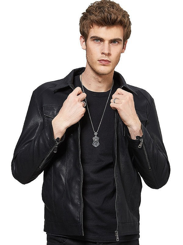 Herr Slim-Fit Biker Jacka i Läder Look med Asymmetrical Dragkedja och Notched Krage