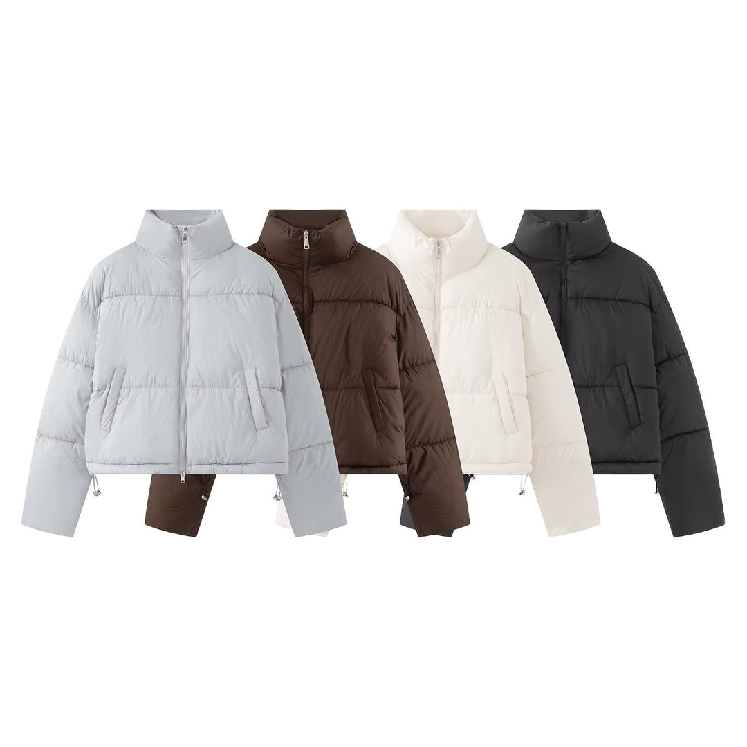 Dam Kort Oversized Pufferjacka med Hög Ståkrage och Tvåvägsdragkedja