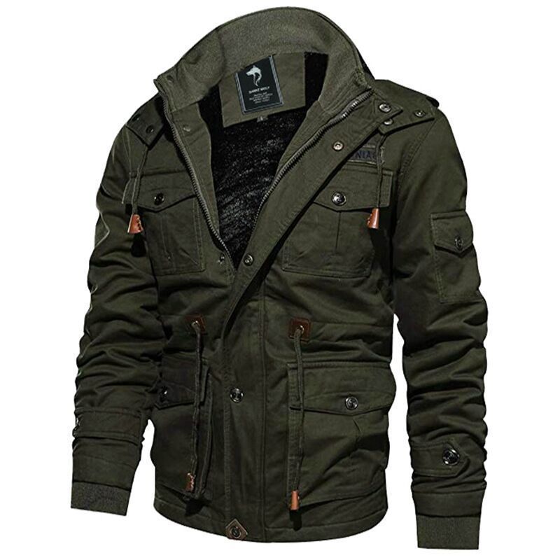 Herr Military-Inspired Canvas Fältjacka med Huva, Dragsko Midja och Fleecefoder