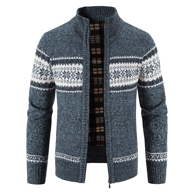 Herr Norwegian Knit Zip Jacka med Stående Krage, Warming Fleecefoder, och Dragkedja