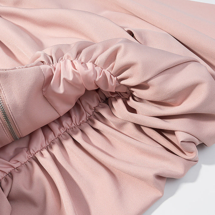 Dam Kort Blouson med Pleats, Dragkedja och Balloon Ärmar