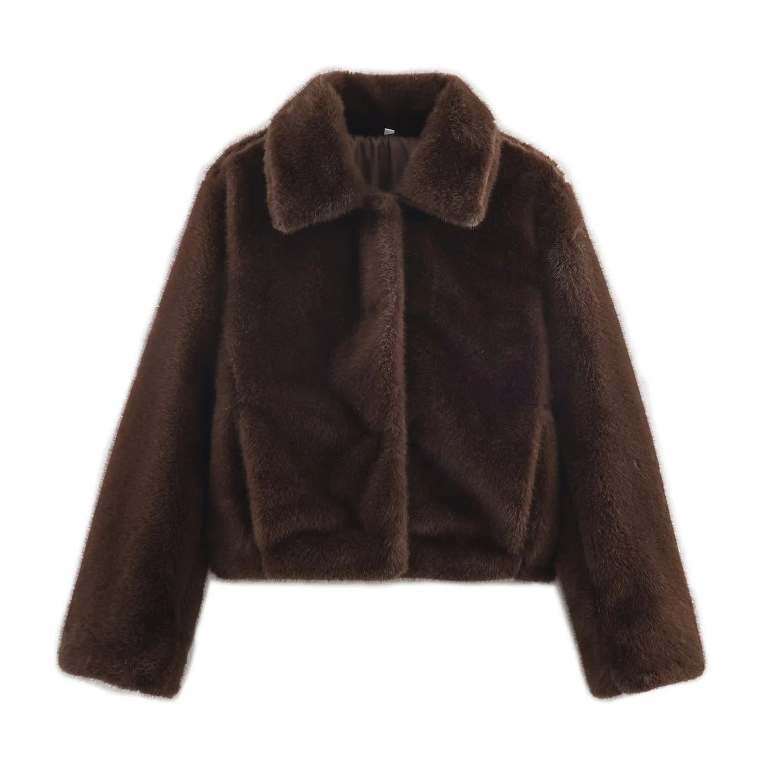 Dam kort skärning faux pälsjacka med klassisk skjortkrage, concealed fastening och elastisk fåll
