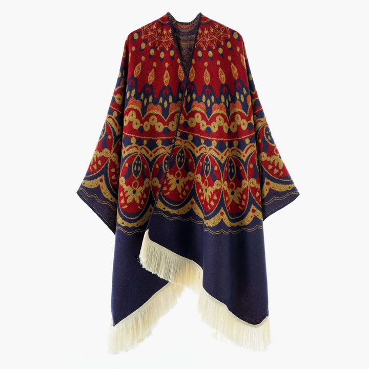 Dam Woven Jacquard poncho med V-Neck, Ethno tryck och Fringes