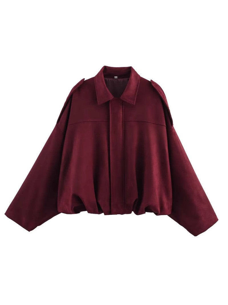 Dam Kort Oversized Blouson Jacka i Velour Look med Fåll med Dragsko och Epaulettes