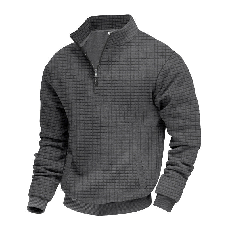 Herr Waffle Texture Halv Dragkedja Pullover med Ståkrage och Subtle Sidofickor