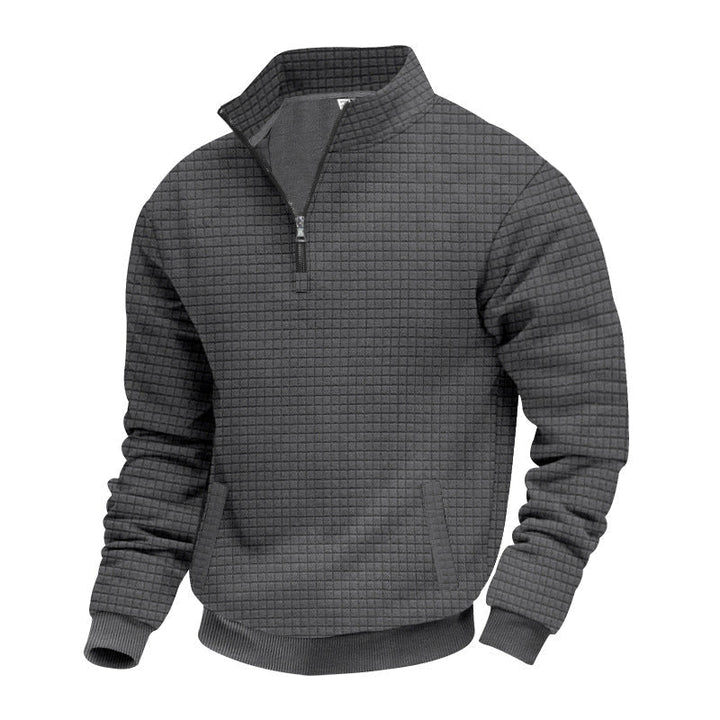 Herr Waffle Texture Halv Dragkedja Pullover med Ståkrage och Subtle Sidofickor