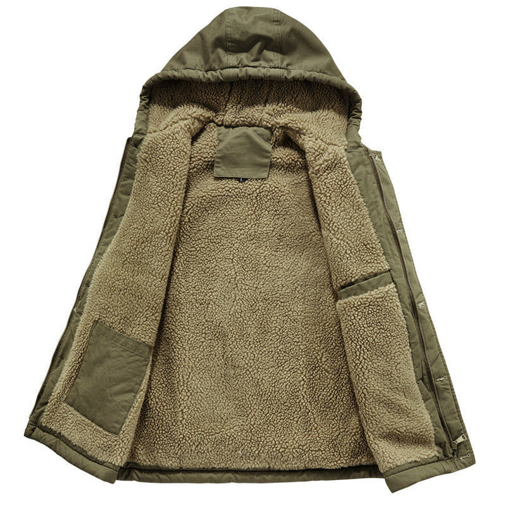 Herr Sleeveless Canvas Väst med Teddy Fleecefoder, Huva, och Tvåvägsdragkedja