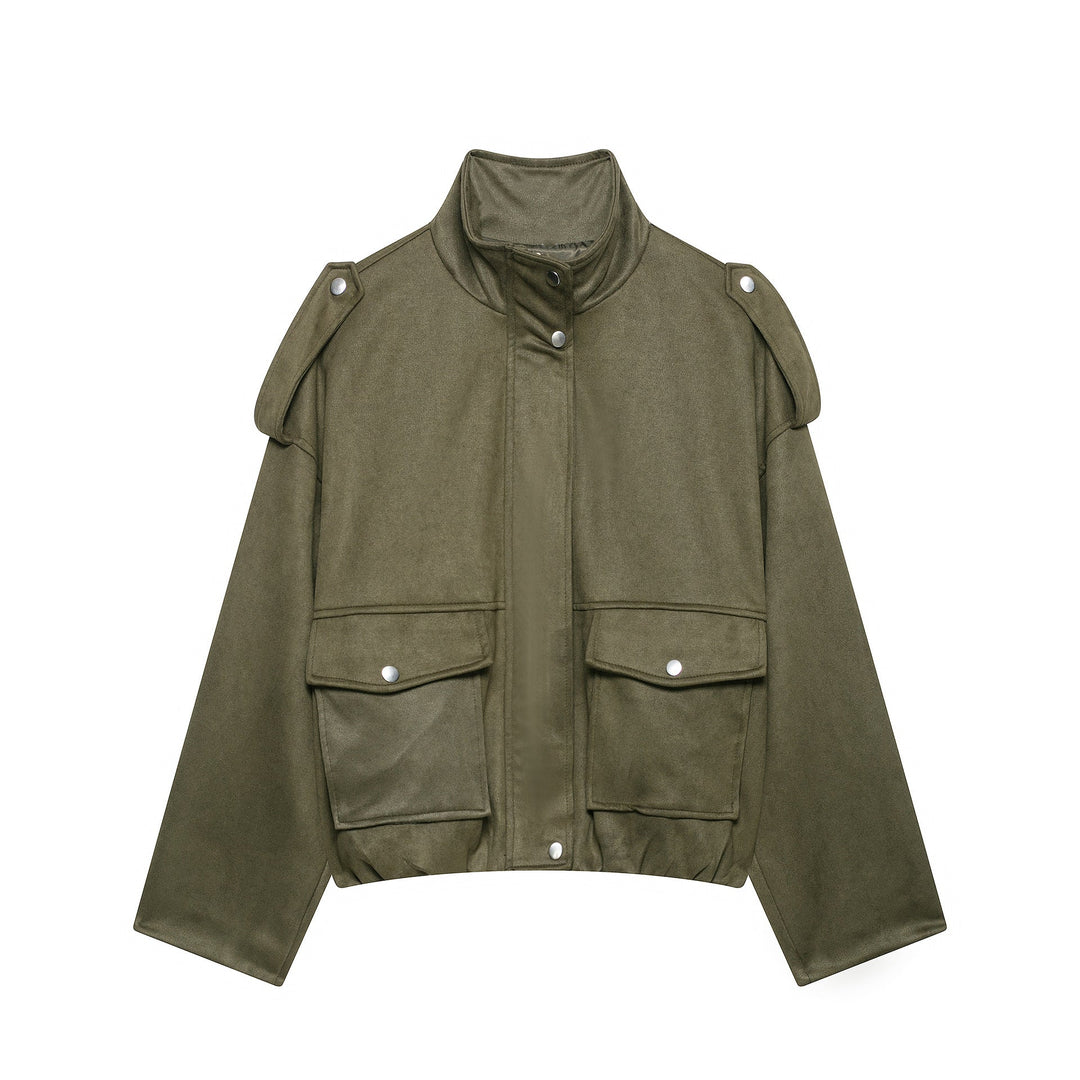 Dam Kort Suede Look Fältjacka med Stå Krage, Lock Fickor och Epaulettes