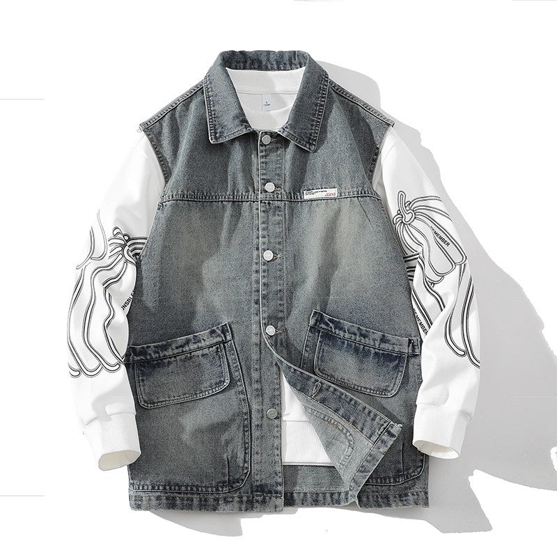 Herr Casual Denim Väst med Integrerad Sweatshirt Ärmar och Stora Lockfickor