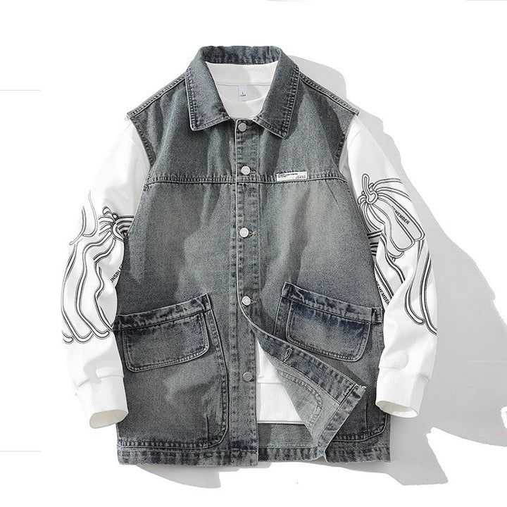 Herr Casual Denim Väst med Integrerad Sweatshirt Ärmar och Stora Lockfickor
