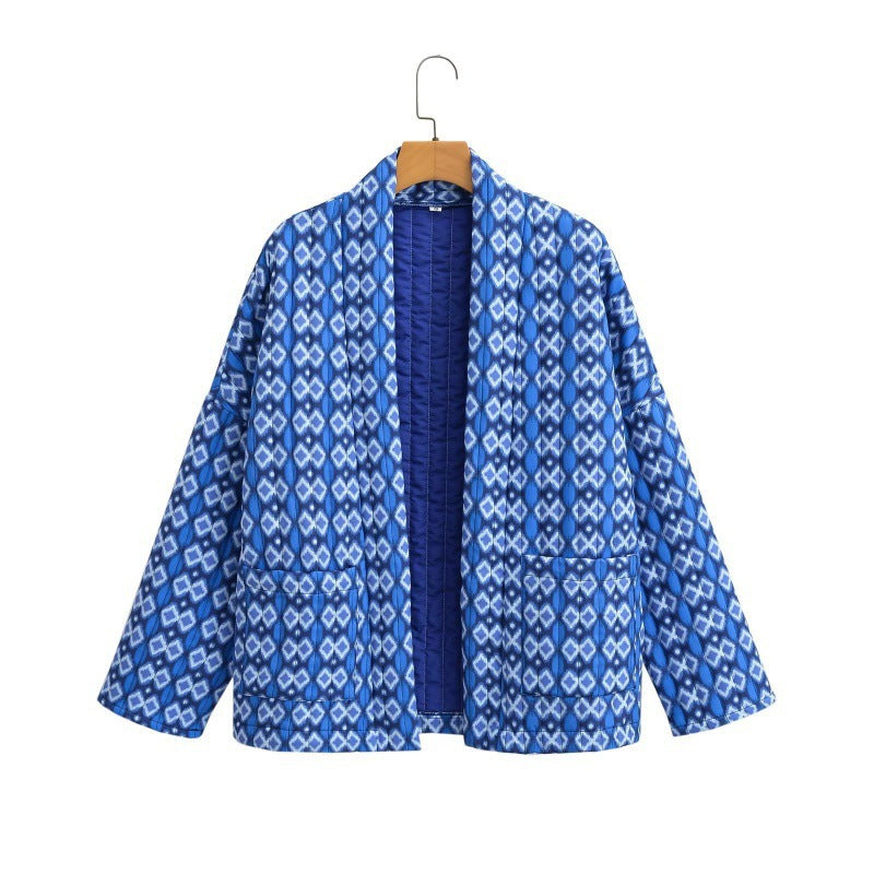Dam mönstrad kviltad Kimono jacka med utanpåfickor