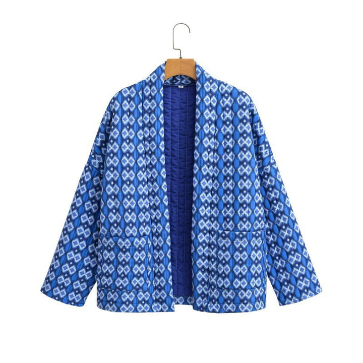 Dam mönstrad kviltad Kimono jacka med utanpåfickor
