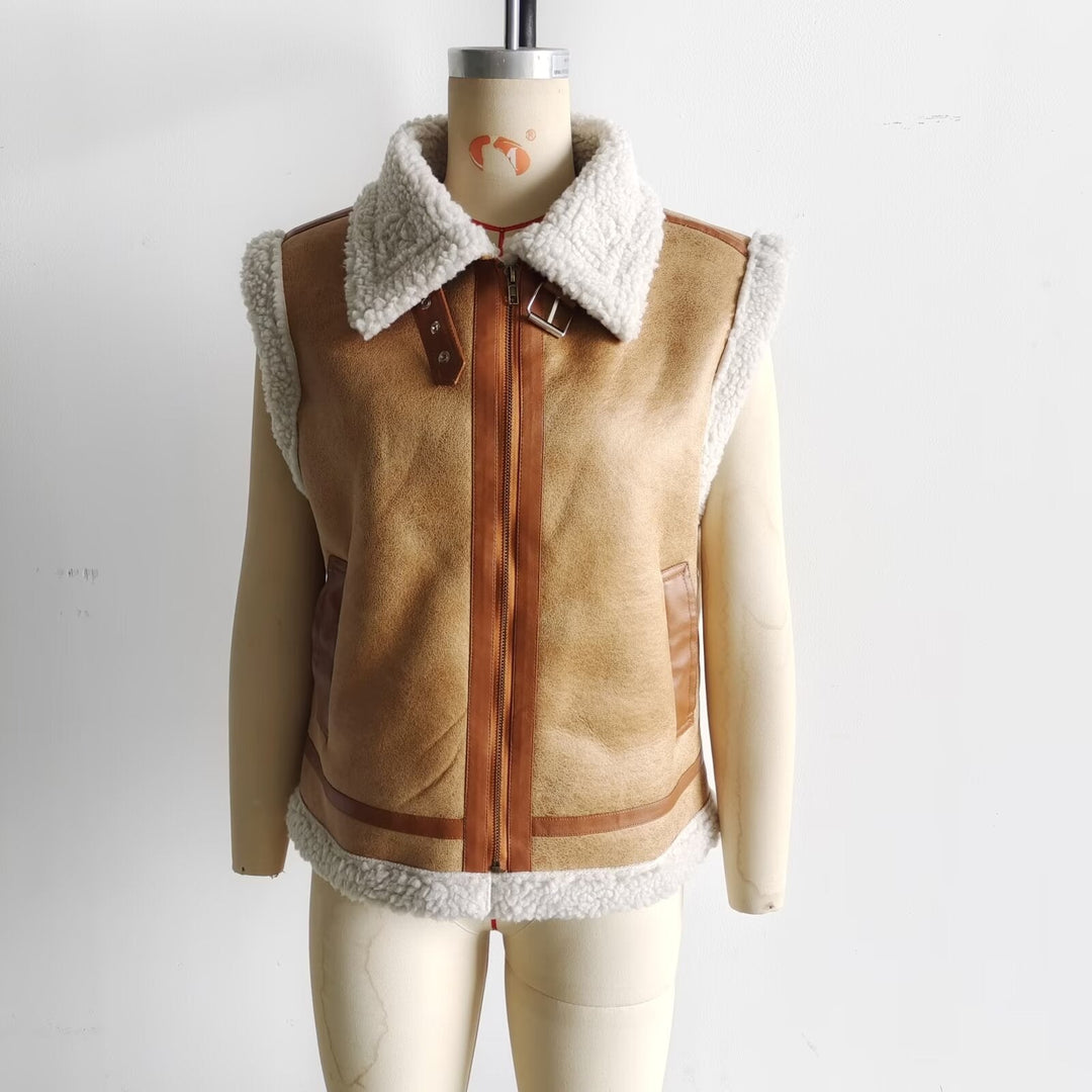 Dam vadderad lambskin imitation väst med stor Sherpa krage, dragkedja och sidofickor
