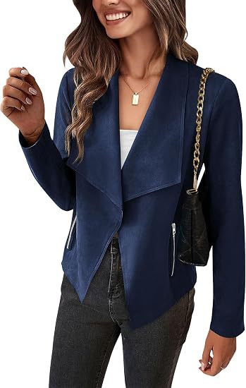 Dam Faux Mocka Waterfall Blazer med Asymmetrical Fåll och Fickor med Dragkedja