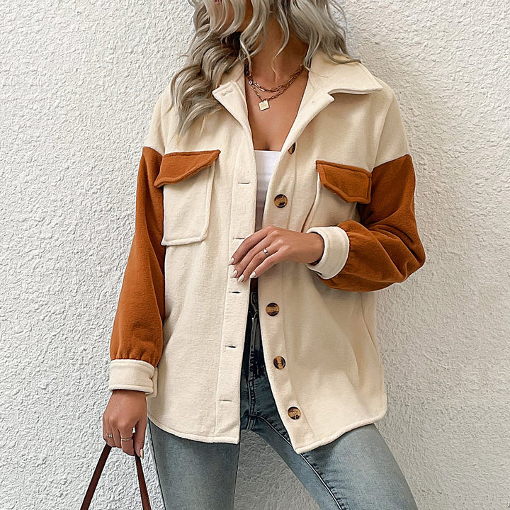 Dam Oversized Skjorta Jacka med Contrasting Ärmar och Lapp Breast Fickor