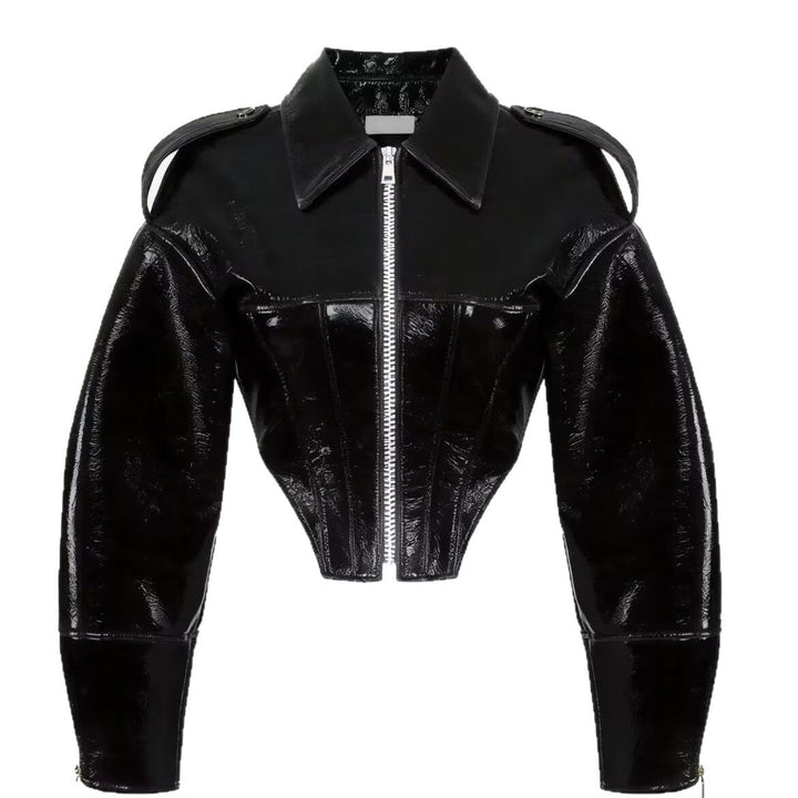 Dam Kort-Skärning Faux Patent Läder Blouson med Skräddarsydd Corset Skärning