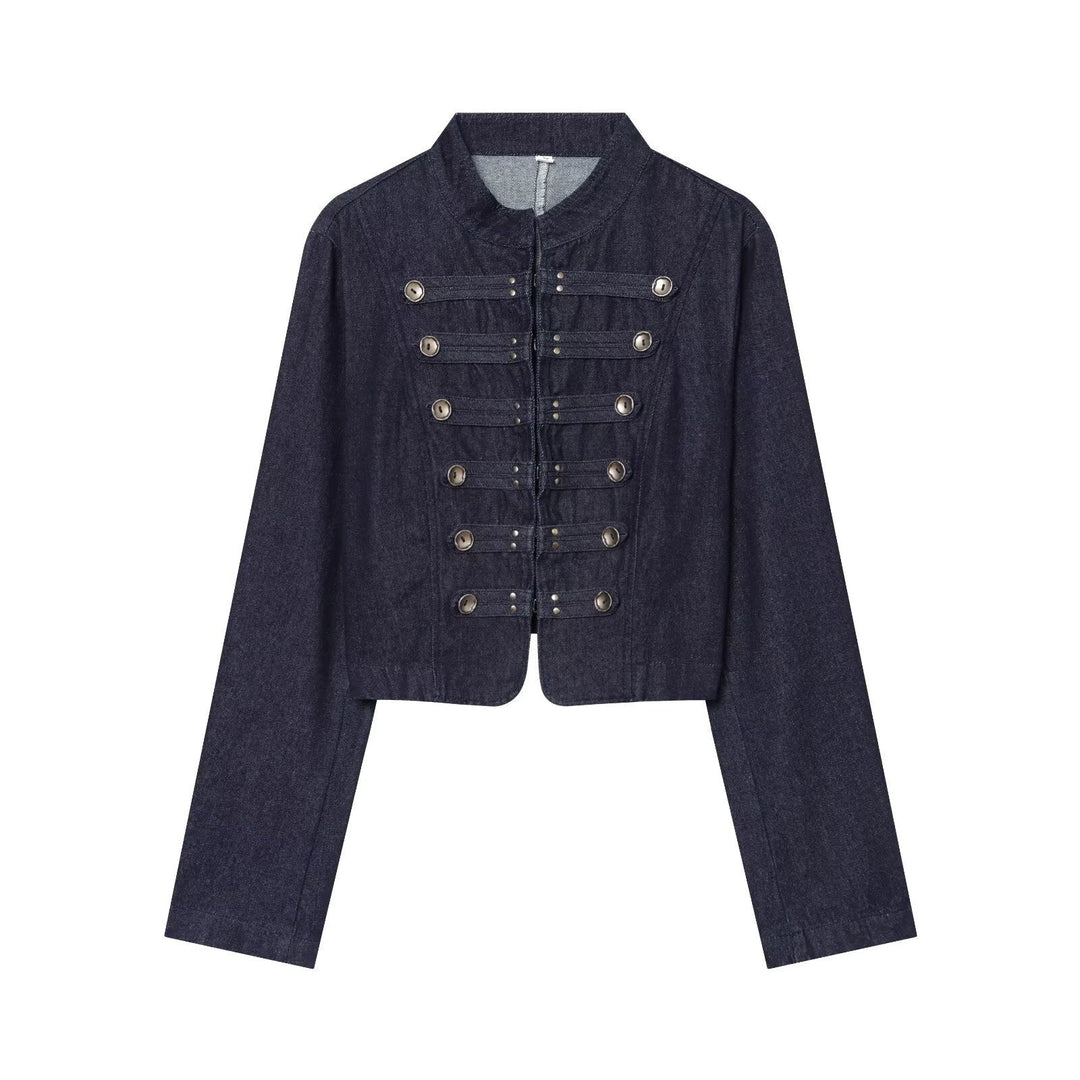 Dam kort denim Military jacka med ståkrage och dekorativ knappslå