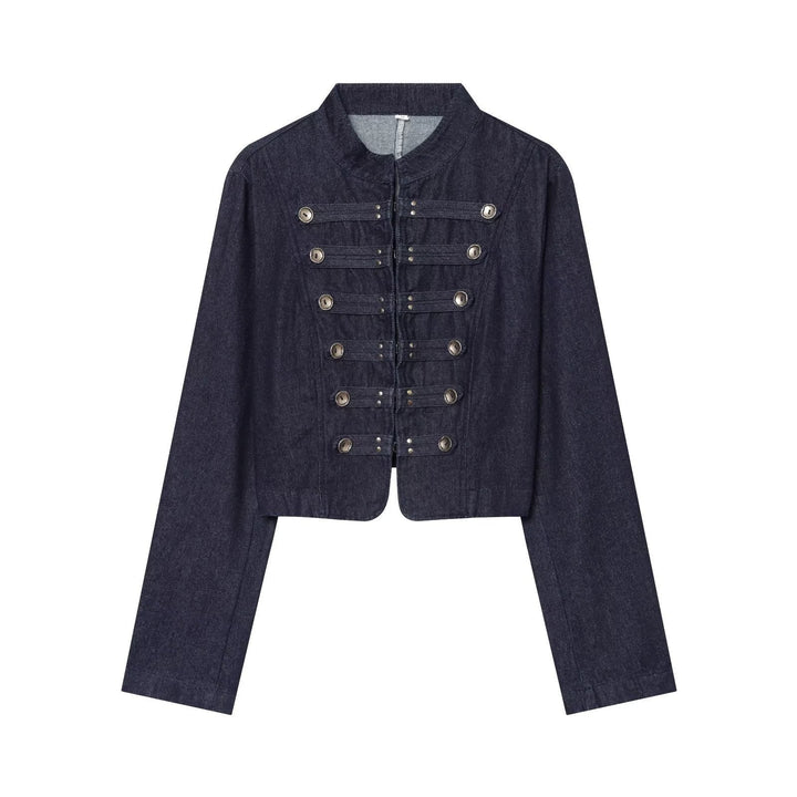 Dam kort denim Military jacka med ståkrage och dekorativ knappslå