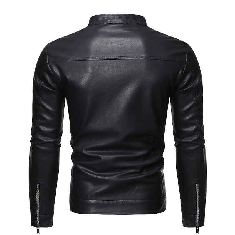 Herr Smal Passform Läder Look Blouson i Racer Minimal Stil med Snap Knapp Ståkrage