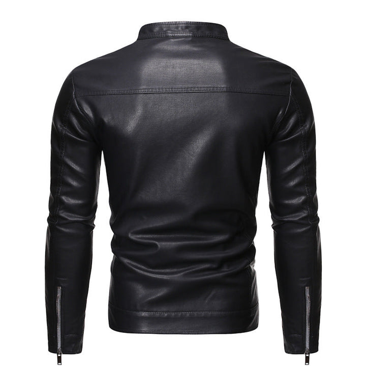 Herr Smal Passform Läder Look Blouson i Racer Minimal Stil med Snap Knapp Ståkrage