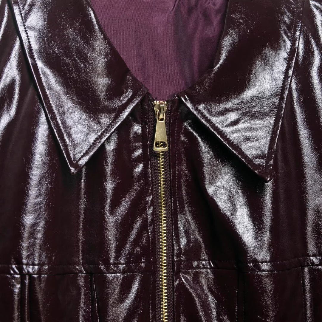 Dam Kort Shiny Bikerjacka i Läderlook med Emphasized Shoulder Area