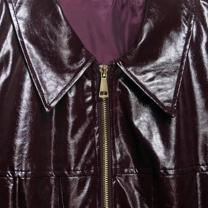 Dam Kort Shiny Bikerjacka i Läderlook med Emphasized Shoulder Area