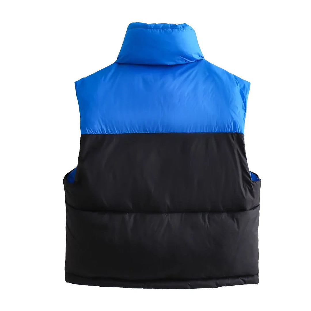 Dam sleeveless quiltad kort väst med high ståkrage, vadderad insulation, och adjustable drawstring fåll