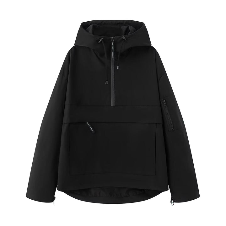 Dam Oversized Vindjacka-Anorak med Huva, Halv Dragkedja och Känguruficka