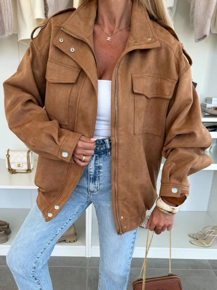 Dam oversize jacka in mocka look med bröstfickor och Epaulettes