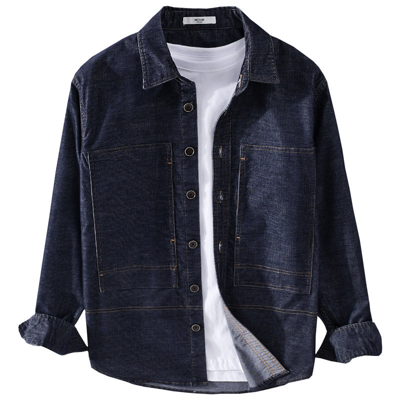 Herr Strukturerad Denim Twill Överskjortejacka med Large Utanpåfickor