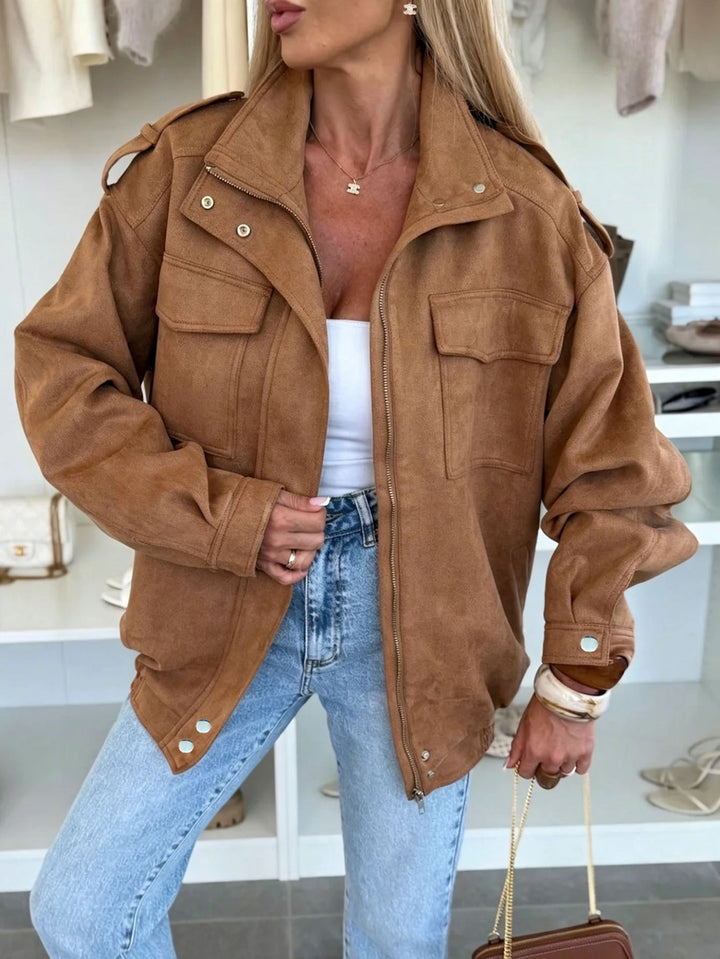 Dam oversize jacka in mocka look med bröstfickor och Epaulettes