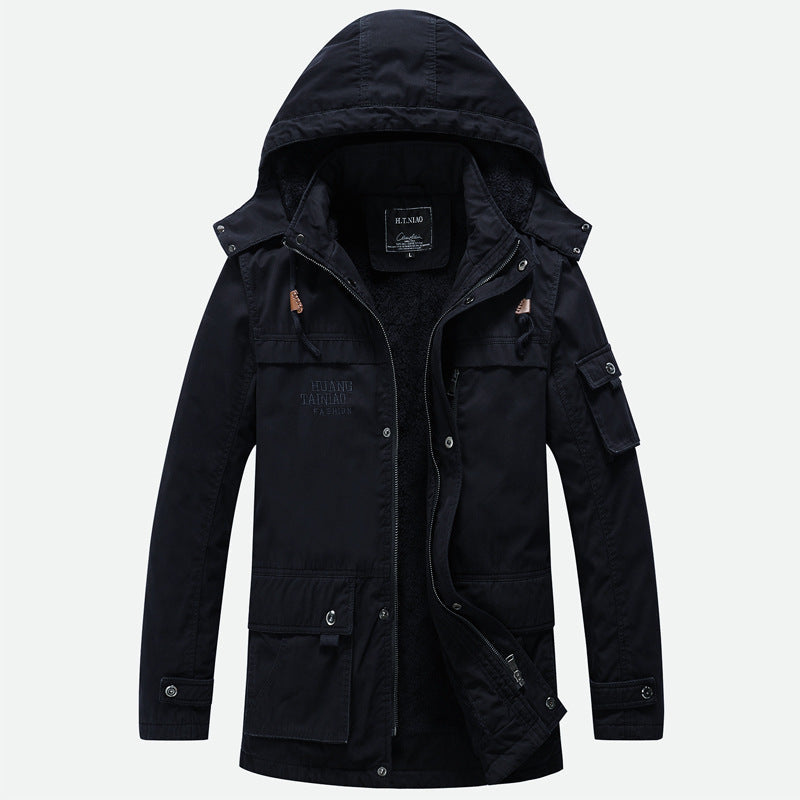 Herr Canvas Militär Parka med Teddyfoder, Huva, och Multifunctional Fickor