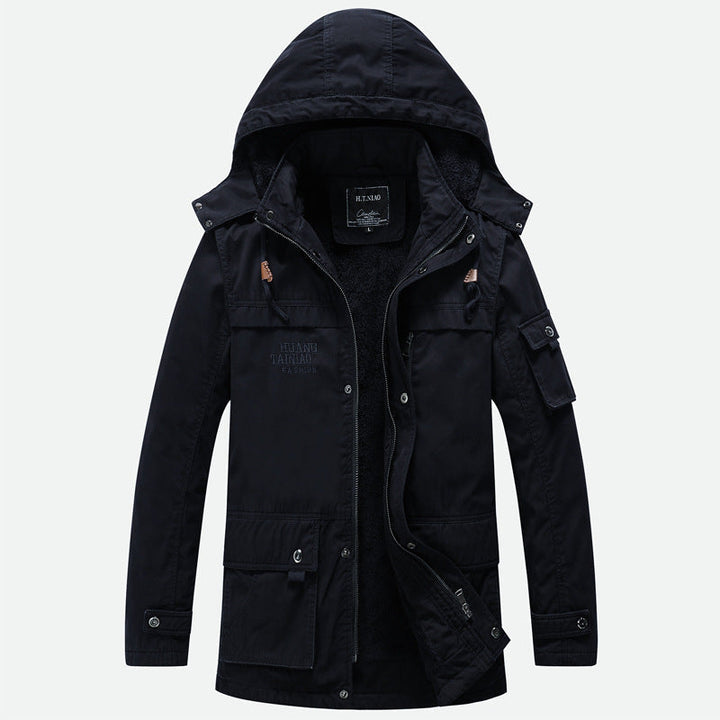 Herr Canvas Militär Parka med Teddyfoder, Huva, och Multifunctional Fickor