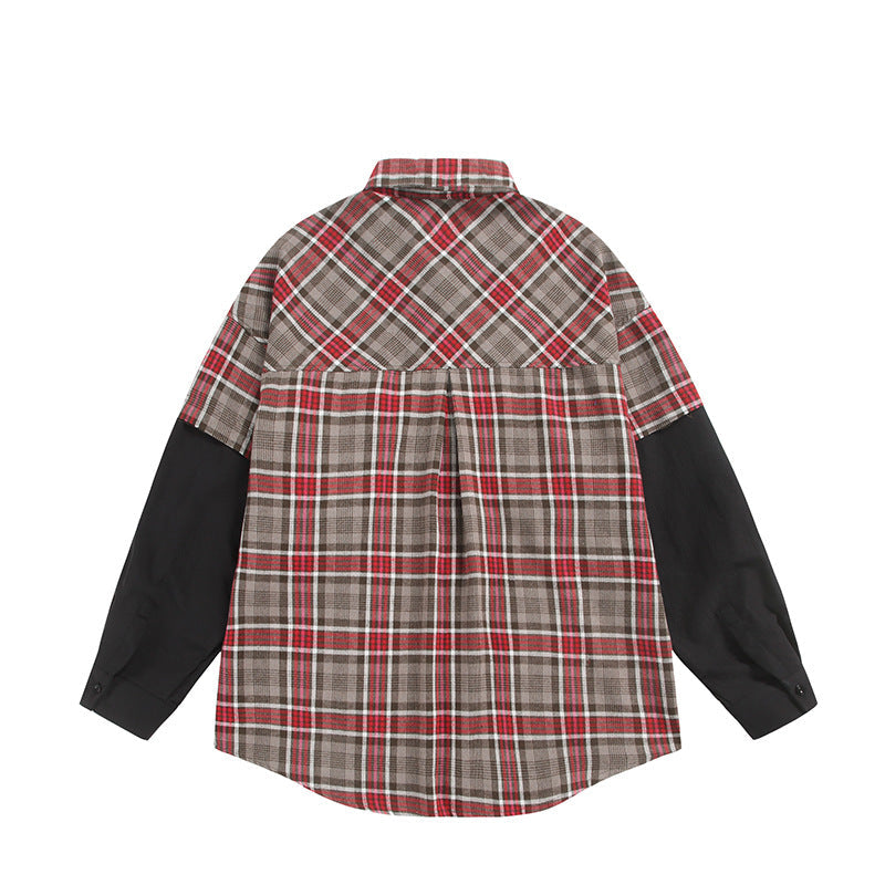 Unisex Oversized Skjorta Jacka i Layering Look med Contrasting Ärmar och Breast Lockfickor