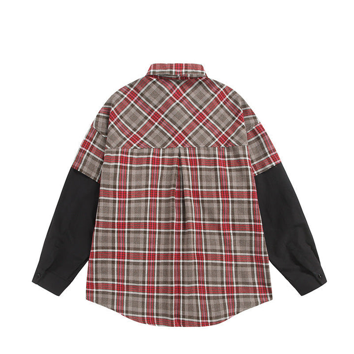 Unisex Oversized Skjorta Jacka i Layering Look med Contrasting Ärmar och Breast Lockfickor