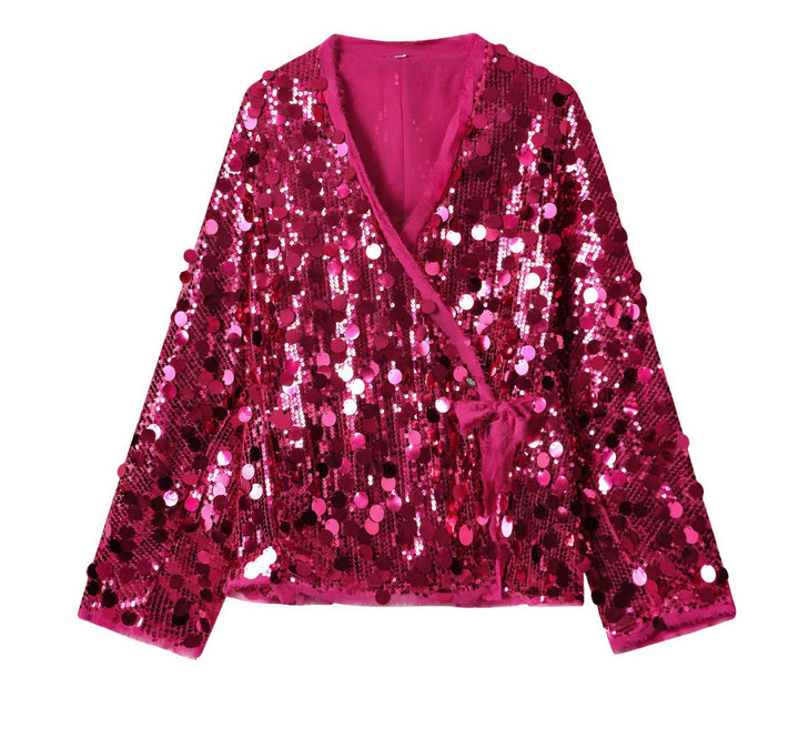 Dam 1900+ Wrap Blouson Jacka med Stora Sequins och Satin Ribbon