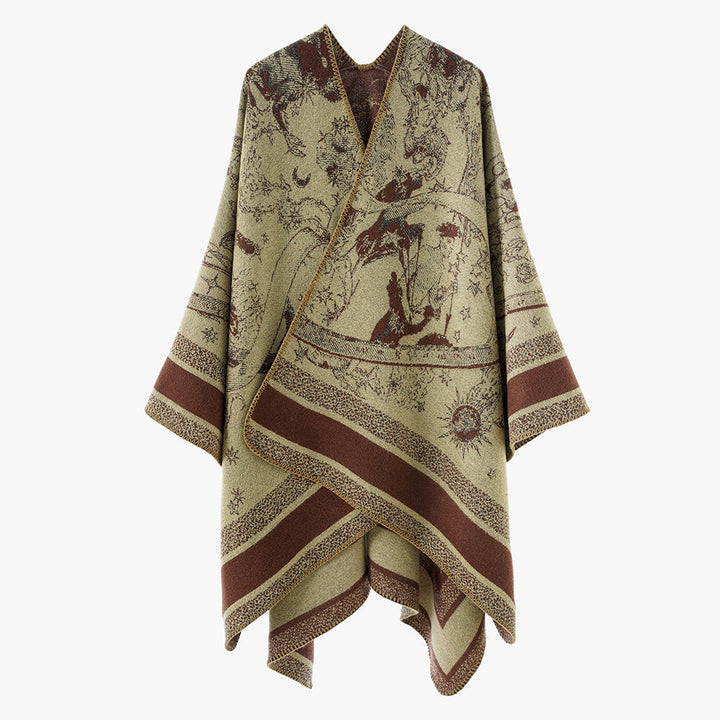 Dam Jacquard capeponcho med double-sided weave structure och V-neck