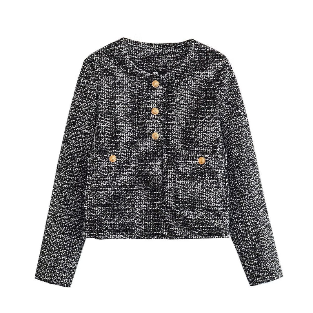 Dam kort-skärning tweed jacka med boucle structure, round neckline och decorative gold knappar
