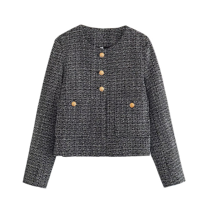 Dam kort-skärning tweed jacka med boucle structure, round neckline och decorative gold knappar