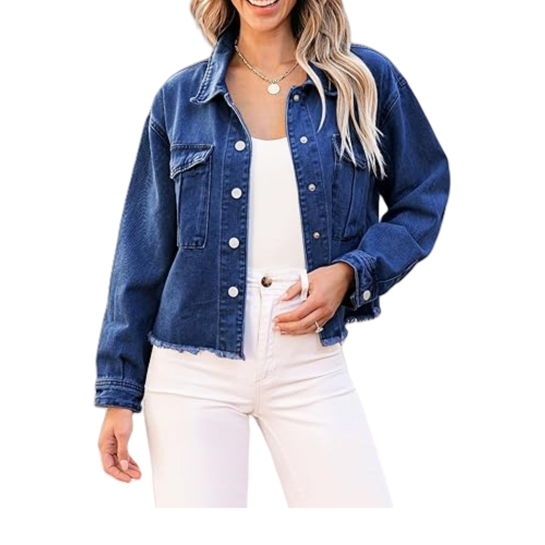 Dam kort denimjacka med Fringed fåll och Patch bröstfickor