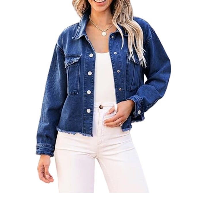 Dam kort denimjacka med Fringed fåll och Patch bröstfickor
