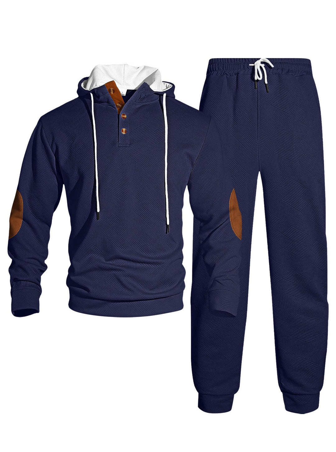 Herr Waffle Structure Henley Luvtröja Set med Wooden Knapplist Elbow Lappar och Tapered Joggingbyxor